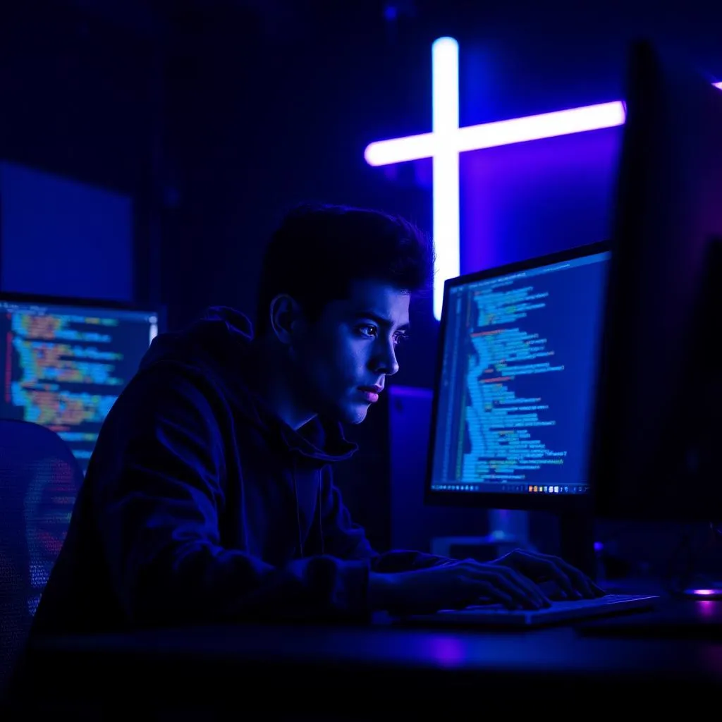 Software engineer at glowing monitors